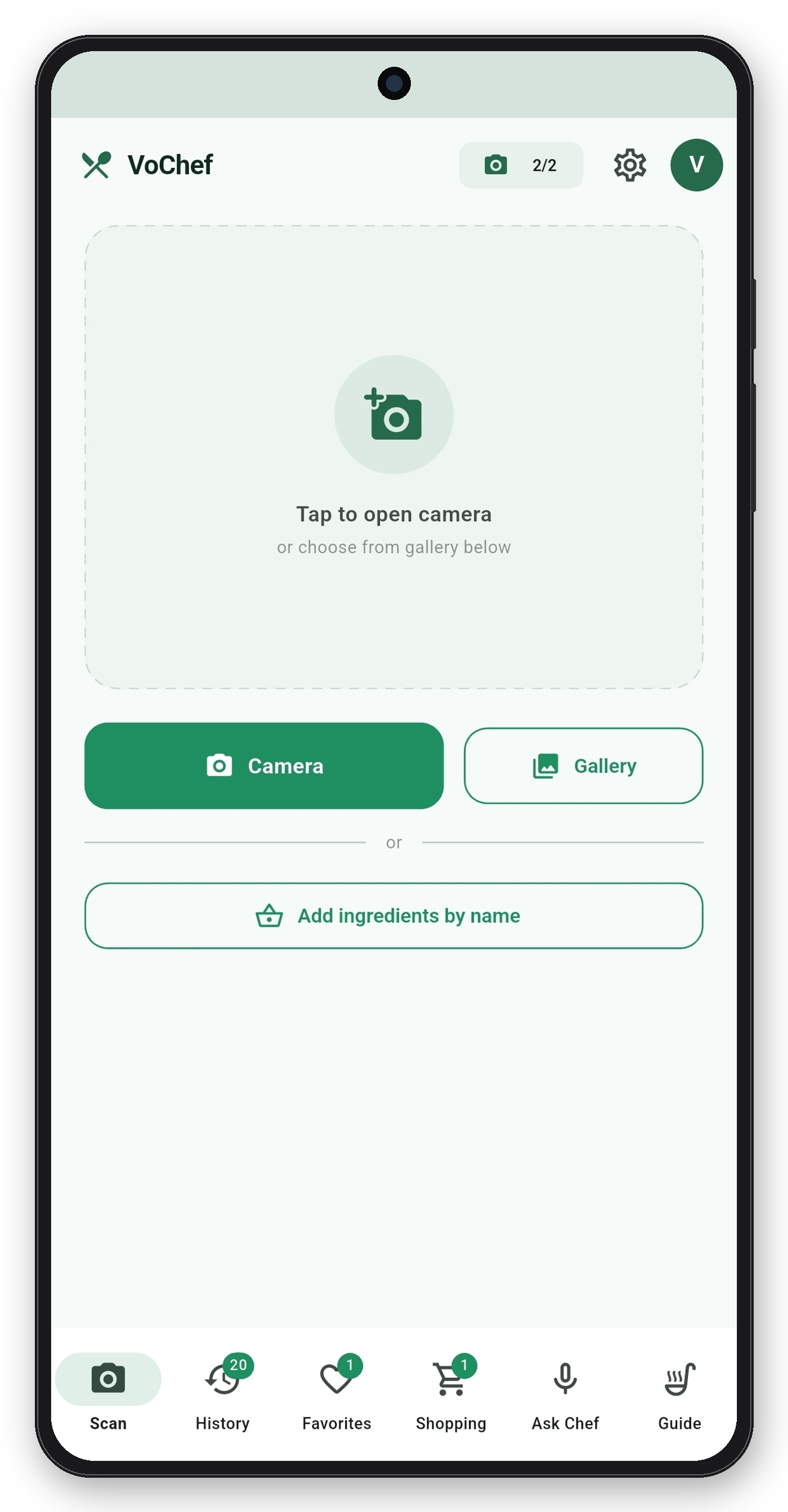 VOChef Android home screen — tap to scan with camera or add ingredients by name