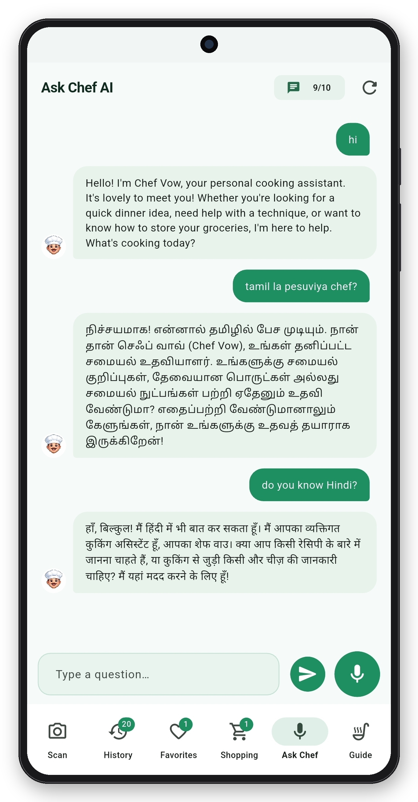 VOChef Ask Chef AI — a real conversation mixing English, Tamil and Hindi mid-sentence