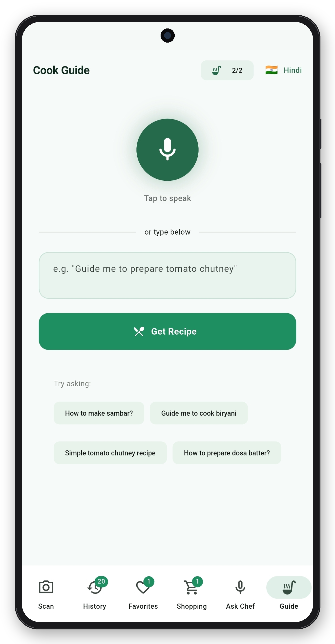 VOChef Cook Guide — tap to speak, then ask any recipe question hands-free